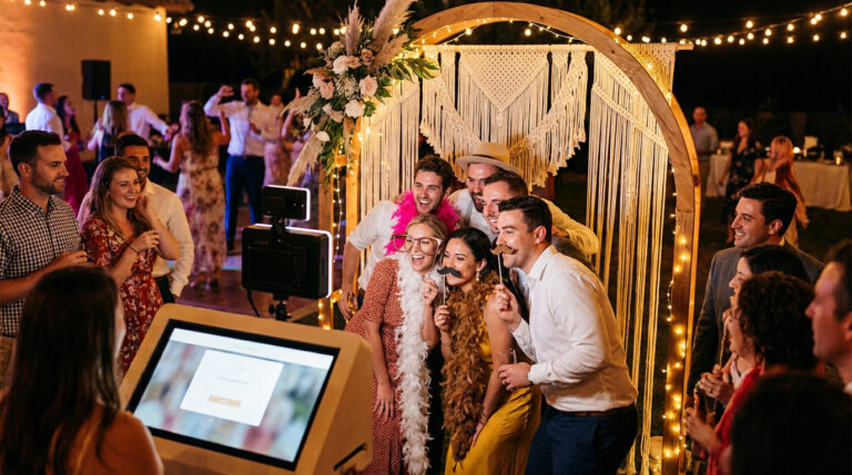 Un groupe d'invités joyeux utilise un photobooth avec des accessoires, devant un décor bohème illuminé lors d'une fête en soirée.